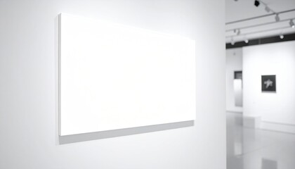 Blank Rectangular Canvas Displayed On White Wall In Art Gallery Setting With Soft Lighting