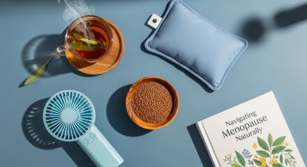 Menopause Relief Essentials - Tea, Book, Fan, and Hot Water Bottle.