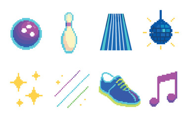 Bowling and disco neon icon set. featuring ball, pin, lane, disco ball, stars, stripe, shoe, and note symbols.