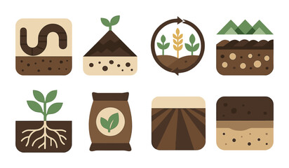 Gardening flat icon set. featuring worm, seedling, cycle, mountain, roots, fertilizer, soil, field symbols.