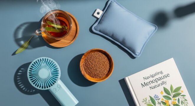 Menopause Relief Essentials - Tea, Book, Fan, and Hot Water Bottle.