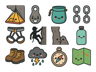 Camping and hiking flat icon set. featuring tent, carabiner, backpack, rope, boots, map, compass, and more.