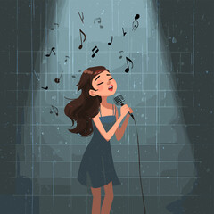 A young woman passionately singing into a vintage microphone under a spotlight, with musical notes floating around her
