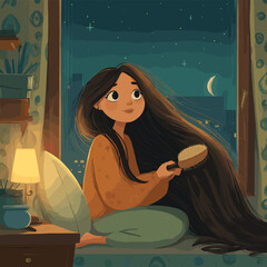 A girl is brushing her long hair while sitting near the window. Outside the window, night, moon, and stars can be seen