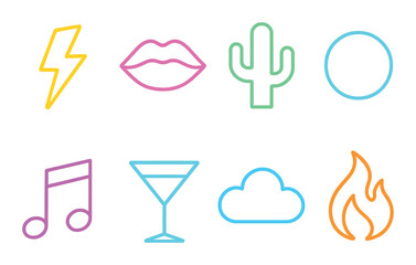 Neon flat icon set. featuring lightning, lips, cactus, circle, music note, cocktail, cloud, and fire symbols.