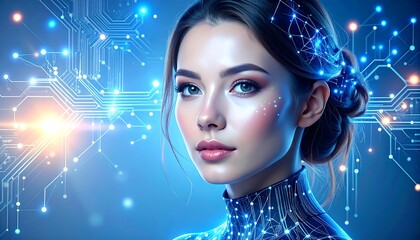 Woman with glowing circuit patterns A portrait of a fair-skinned woman integrated with digital circuitry, glowing blue lines, and light flares against a deep blue background