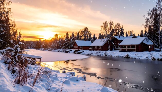 Wintery landscape at sunset featuring snow-covered ground, a partly frozen river reflecting the warm sky colors, pine trees and small red houses along the water's edge - Powered by Adobe