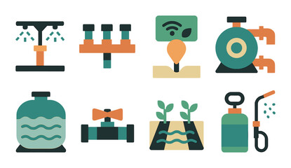 Smart irrigation flat icons set. featuring sprinkler, drip, sensor, pump, valve, planter, dispenser, and sprayer symbols.