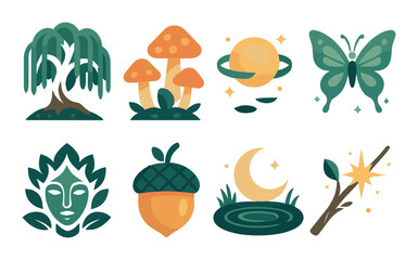 Nature and fantasy silhouette icon set. featuring tree, mushroom, planet, butterfly, face, acorn, moon, wand.