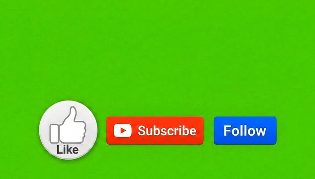 Animated like button with hand cursor click on green screen for social media and video editing use background