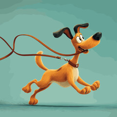 A cartoon dog joyfully running with a leash