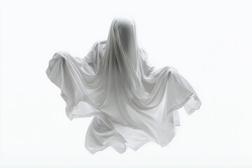 A mysterious figure covered in a flowing white sheet, floating like a ghost against a stark white background.