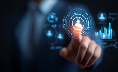 Blue futuristic HUD glows, displaying network connections. Focus is on user authentication for digital interfaces, UI design, or website.