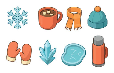Winter linear icons set. featuring snowflake, hot chocolate, scarf, beanie, mittens, crystal, frozen pond, and thermos.