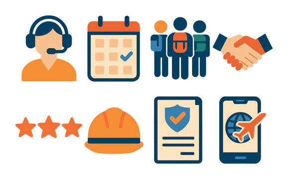 Business services flat icon set. featuring support, calendar, team, handshake, rating, helmet, document, travel. - Powered by Adobe