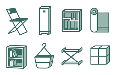 Home furniture linear icons set. featuring chair, locker, bookshelf, wardrobe, mat, rack, hanger, and cube.