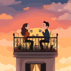 Couple enjoying a romantic sunset view from a balcony with coffee in hand