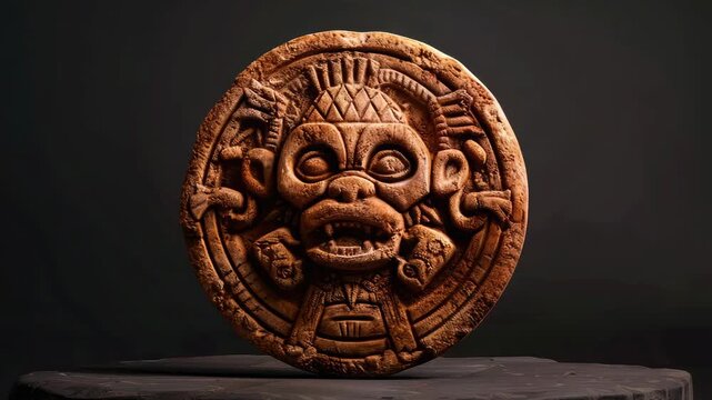 Mesoamerican artifact depicting an Olmec face with intricate hieroglyphics, possibly from the Caracol or Tres Zapotes sites, reflective of the rich history and culture of pre-Columbian civilizations.
