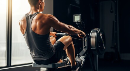 Muscular Man Working Out on Rowing Machine.