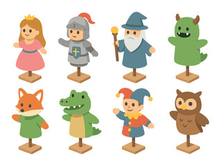 Fantasy creature silhouette icon set. featuring princess, knight, wizard, dragon, fox, crocodile, jester, owl..