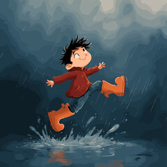 A joyful child leaping in a puddle while enjoying a rainy day. The child is wearing orange boots and a red jacket