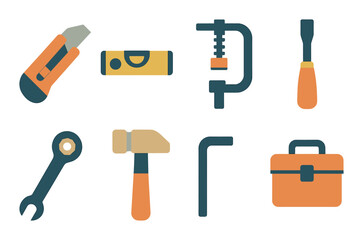 Tools flat icon set. featuring pencil, level, clamp, screwdriver, wrench, hammer, hex key, and toolbox.