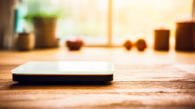 Weigh scales on wooden floor with soft morning light, representing healthy lifestyle concepts.
