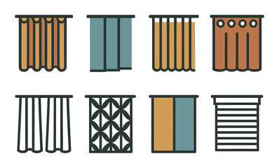 Home decor silhouette icon set. featuring curtains, drapes, blinds, panels, shades, and valance designs.