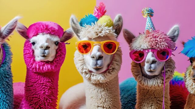 A group of llamas in colorful attire, wearing sunglasses and party hats, ready for a festive occasion. Llamas are wearing adorable accessories, creating a fun and cheerful atmosphere.