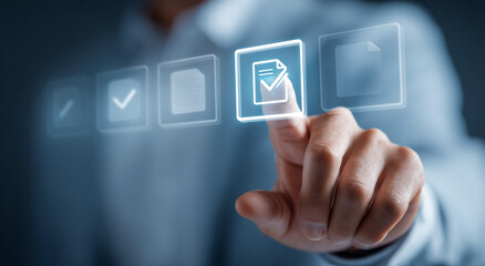 Blue glassy digital interface shows hand touching a document, used for UI/UX design.