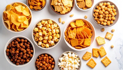 Assorted salty snacks. Bowls and scattered pieces of chips, crackers, peanuts, and popcorn fill the frame on a marbled white surface, lit with a soft natural light, creating a warm inviting look
