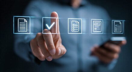 Blue light futuristic screen is touched to select options, perfect for UI/UX design, technology branding, and digital product imagery.