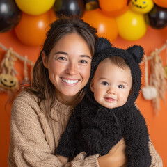 Mother and baby smiling together in Halloween costume with festive decorations, cute black cat outfit and seasonal family portrait ハロウィンの飾りに囲まれ、黒猫の衣装を着た赤ちゃんと笑顔の母親。季節感あふれる愛らしい家族ポートレート