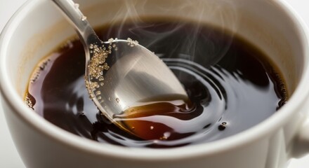 Spoon Stirring Hot Steaming Black Coffee with Sugar in a White Cup.