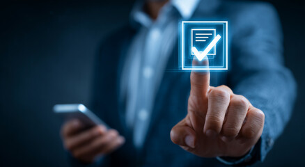 Blue neon checkmark glows as hand taps interface; emphasizes modern tech, confirmation, UX design.