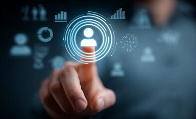 Blue tech background features finger activating user icon. Great for UI, UX design or posters.