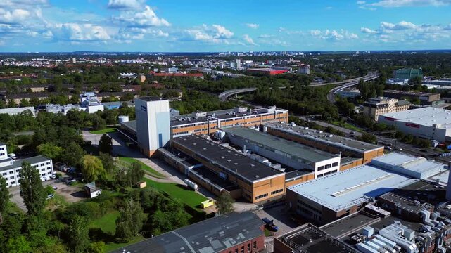 cookie factory in Berlin, Industrial area. Perfect aerial view flight drone
