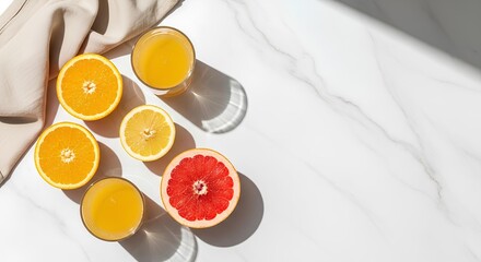 Bright and refreshing flat lay composition showcasing colorful citrus fruits and glasses of freshly squeezed juice, beautifully arranged on a white marble surface under natural sunlight