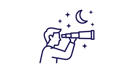Naklejka premium Outline Icon of a Man Looking Through a Telescope at the Night Sky with Stars and Crescent Moon on Isolated transparent background