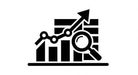 Obraz premium Icon Representing Financial Growth Market Analysis and Business Research with Bar Graph Upward Arrow and Magnifying Glass on Isolated transparent background