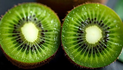 Close up on two kiwi halves, showcasing the bright green flesh speckled with small black seeds and the central white core, against a dark backdrop