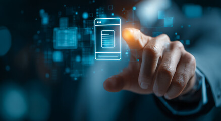 Blue digital abstract features a touch gesture on a neon app icon, ideal for tech branding, UI design, and digital posters.