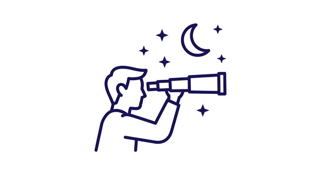 Outline Icon of a Man Looking Through a Telescope at the Night Sky with Stars and Crescent Moon on Isolated transparent background