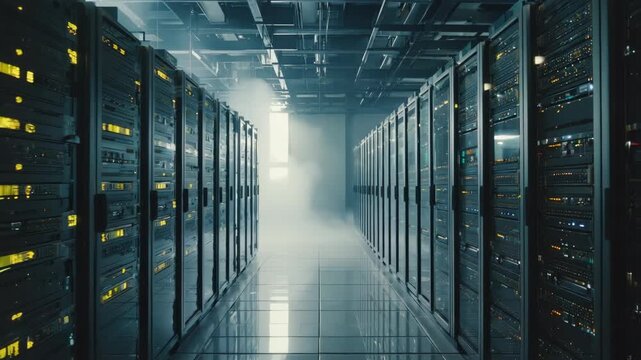 Server room with multiple rows of servers.