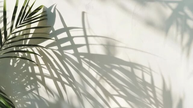 A leafy palm tree casts a shadow on a white wall. The shadow is long and thin