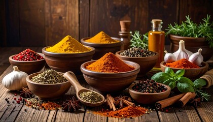 Fototapeta premium Close-up of various colorful spices in wooden bowls, displayed on a weathered wooden surface. Includes herbs, garlic, oil, and aromatic ingredients. A warm, inviting composition