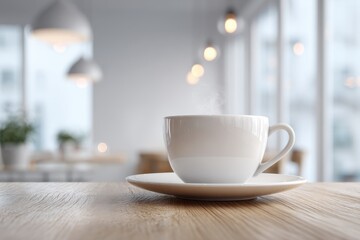 Fototapeta premium A minimalist shot of a white ceramic cup with hot drink on a wooden table surface, complemented by blurred background, enhancing the cozy atmosphere and simple elegance.