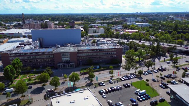 razor factory in Berlin producing cosmetics. Amazing aerial view flight drone