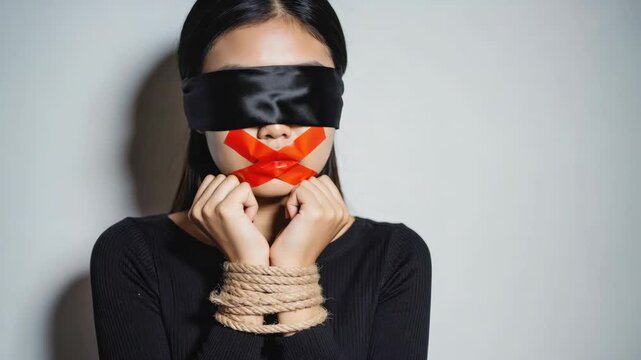 Silenced woman with hands over mouth, wearing blindfold and gag tied around neck, symbolizing censorship or suppression.