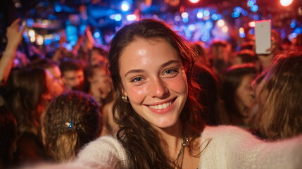 Woman takes selfie with phone at crowded party. Happy female capturing memorable moment at night event. Celebratory social gathering.